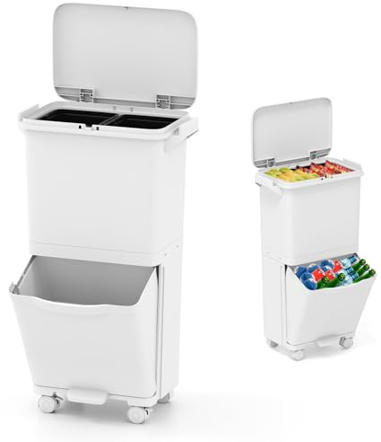 RELAX4LIFE Pattumiera Differenziata 36 L con 3 Scomparti (2 Secchi Estraibili 10L+Cestello Basculante da 16L), Ruote 360° con Freno, Pedale, Chiusura Silenziosa (36L-Bianco)