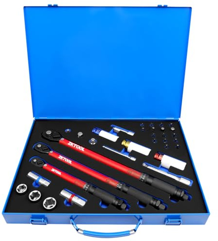 ZKTOOL 33PCS Clé Dynamométrique Kit Carré 1/4 3/8 1/2 avec Douilles | Conception Micrométrique Réglable. Inclut Douilles Hex Torx Rallonges et Douilles de Bougies d'Allumage pour Réparations