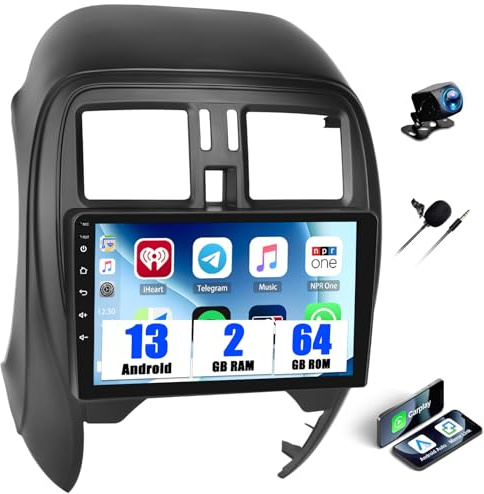 SIXWIN 2 64 G Android 13 bilradio för Nissan Micra 2010–2017 med Carplay/Android bil/Mirror-link, 9 tums pekskärm med WiFi GPS Bluetooth FM/RDS EQ + backkamera