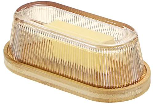 SUMNACON Mantequera con tapa de bambú, mantequera de cristal, bandeja para mantequilla con hebilla, apta para microondas y lavavajillas, campana de mantequilla sellada