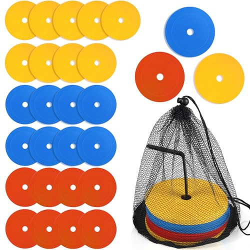 SWAWIS 25 Stück Markierungsscheiben 15 cm Hütchen Fussball Trainingszubehör | Flach mit Organizerhalter Rutschfeste Floormarker Spielfeldmarkierung für Fußball, Basketball, Handball und Mehr