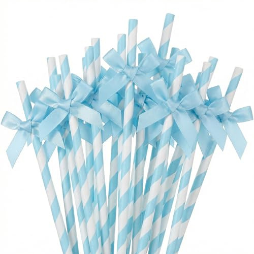 30 pajitas de papel de lazo azul para beber, bonitos popotes de fiesta de lazo azul a granel para jugo, café, té, cóctel, batido, suministros de fiesta temática pastel de verano para cumpleaños, boda