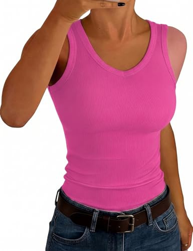 Aottori Top Donna Senza Maniche Scollo a V Costine Fucsia XXL