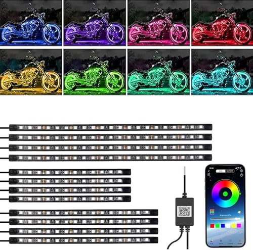 YUGUANG 12-delars motorcykelunderglödssats, motorcykelunderglödssats med APP-kontroll, flerfärgs musiksynkronisering, vattentätt RGB-underglöd för motorcyklar