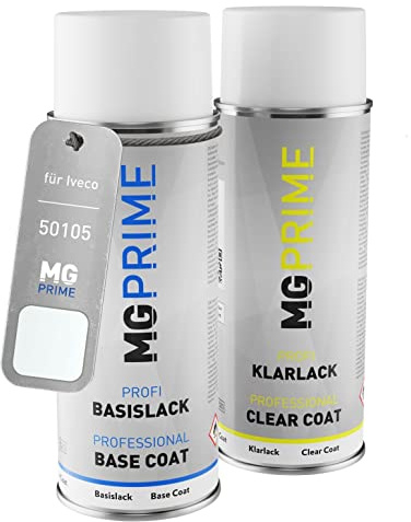 MG PRIME Autolack Spraydose für Iveco 50105/194 Bianco/Weiss + Klarlack | Set aus Basislack + Klarlack, Sprühdosen 400ml