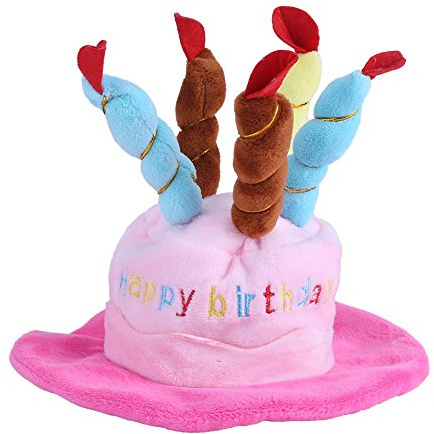 Garsent Happy Birthday Hut, Unisex Happy Birthday Hut Torte, Partyhut Geburtstagstorte, Plüschhut Kuchen und Kerzen Design Geburtstagshut für Haustier Katze Hunde Kleintiere(Rosa)