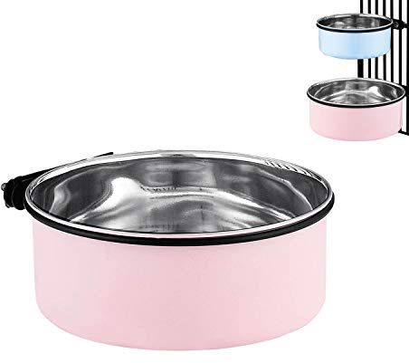 SUOXU Vattenskål för hundlådor och burar, 2-i-1 låda typ hängande skål för husdjur, rostfritt stål bur hundskål, medelstor hundmatare matskål (rosa 1,7 l/1 st)