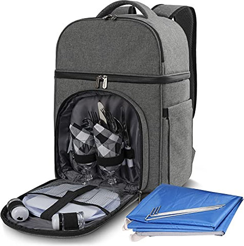 Vogano Picknickrucksack & Zubehör – Picknick-Set für 2 Personen mit 2 isolierten Kühlfächern, leichte Decke und Besteck-Set, perfekt für Hochzeitsgeschenke für Paare und Brautparty-Geschenke