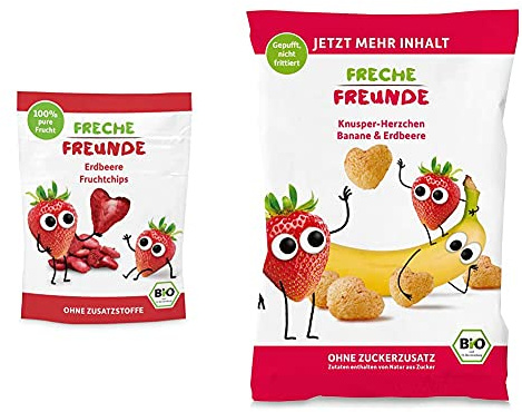 FRECHE FREUNDE Bio Fruchtchips 100% Erdbeere, gefriergetrocknet Obst Chips Erdbeere, 12er Pack (12 x 12 g) & nde Knusper-Herzchen Banane & Erdbeere, Bio Knabberzeug für Kinder und Babys,(9x30g) 270g