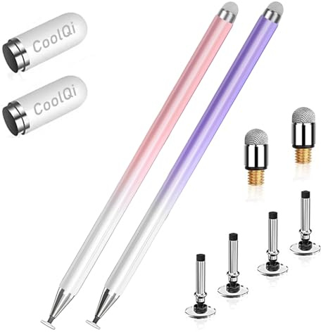 2 pcs Stylus Pens for Touch Screens, 2 in 1 High Precision Universal ipad Pen,Stylus Pen for iPad/iPhone/Android/Microsoft Tablets, Compatible with All Touch Screens with 6 Tips(Purple/Pink)