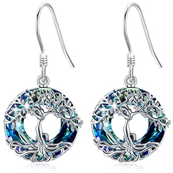 Boucles d'oreilles arbre de vie en argent sterling 925 avec arbre généalogique bleu autrichien en cristal autrichien Bijoux d'anniversaire de remise de diplôme Cadeau pour mère épouse