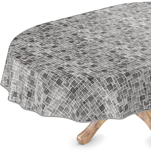 Wachstuchtischdecke Wachstuch Vinyl abwischbar Wachstischdecke Tischdecke Oval 140 x 260cm mit Saum Fliesen Anthrazit