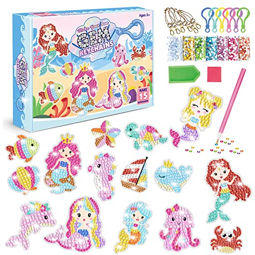 TOYESS DIY Diamant Peinture, 15 Ensembles de Kit 5D Diamond Painting Licorne, Jouet Bricolage Enfant Kits de Loisirs Créatifs, Diamond Painting Enfant 6 7 8 9 10 11 12 Ans, Sirènes TYZSH01-MER