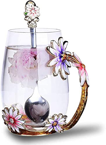 Biigming Tazza da Tè in Vetro Smaltato, Farfalla Fiori Tazza da Tè con Cucchiaio in acciaio, idea Regalo Perfetta per donne, moglie, fidanzata, festa della mamma, San Valentino(rosa margherita 360ml)