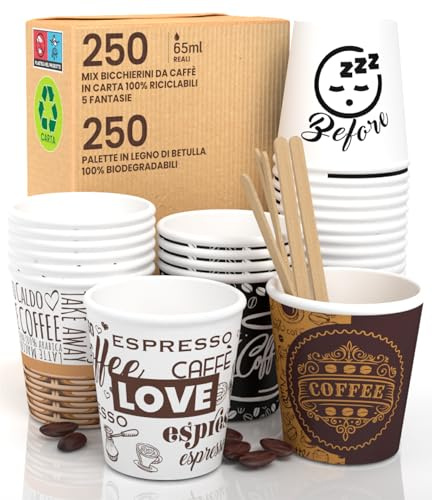 250 vasos de papel para café de 65 ml, vasos ecológicos biodegradables y desechables, pequeños, para bebidas calientes + 250 paletas de madera de abedul mezcla de fantasía
