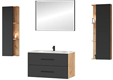 Planetmöbel Badmöbel Komplettset Badezimmer Möbel, Komplettset 3-Teilig 90cm mit Keramikwaschbecken und 2X Seitenschrank, in den Farben Gold Eiche/Anthrazit