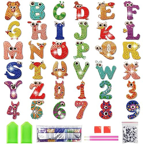 BINYI Diamond Painting Enfant Diy Diamant Painting pour Fille Garçon 5D Diamant Peinture Kit 36 Pcs Peinture Diamant Enfant Lettres Autocollant Avec Strass pour Enfants et Débutants Adultes