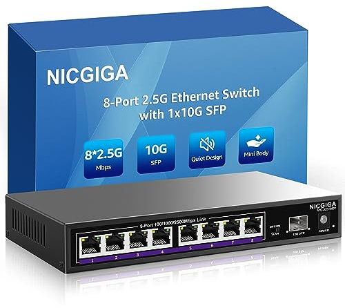 NICGIGA 8 Port 2.5G Ethernet Switch + 10G SFP Uplink, Unmanaged 2.5Gb Network Switch, One-Key VLAN, Plug & Play, Desktop/Wall-Mount, Fanless Metal Design.