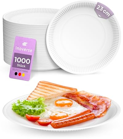 Inoverse Pappteller 23 cm Rund, 1000 Stück, Papierteller weiß, Kuchenteller | Weiß Umweltfreundlich, Tortenteller, Einweggeschirr, für Kuchen, Salat und Snacks, für Picknick, Feiern und Veranstaltungen