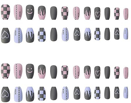 RTRTGS 48 piezas de uñas postizas adhesivas cortas, patrón de llama de dos tonos, uñas postizas esmeriladas, uñas acrílicas con kit de pegamento para mujeres y niñas