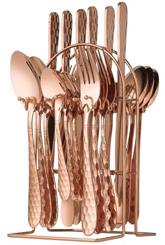 Rose Gold Stainless Steel Flatware Set 24 Pieces Kitchen Utensil Tableware Cutlery Set for 6 with Hanging Caddy,Mirror Polished Steaks Knife/Fork/Spoon/Coffee Spoon,Silverware Set,Rose Gold