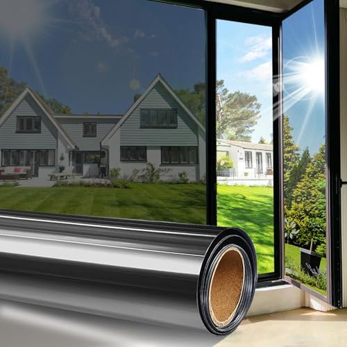 One Way Window Film Sun Blocking for Home, Daytime Privacy Mirror Tint, Heat Blocking & UV Protection 90%, Static Cling No Glue, Reflective Window Tint for Glass Doors(Black,45.2 x 157.4)