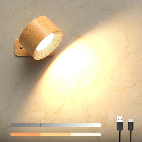 LED Wandleuchte Innen 1 Stück, Akku Wandleuchte Innen LED Wandlampe Batteriebetrieben mit Schalter, 360° drehbare USB Aufladbare Magnetische Flurlampe, für Schlafzimmer Wohnzimmer Treppe(Holzmaserung)