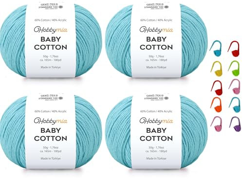 HobbyMia Baby Cotton Yarn for Crocheting - 50g / 180yds - (2) Fine, Sport Weight Yarn - Amigurumi Yarn for Crochet Thread - 60% Cotton & 40% Acrylic & 10 Stitch Makers (Blue Hosta, 4 Balls)