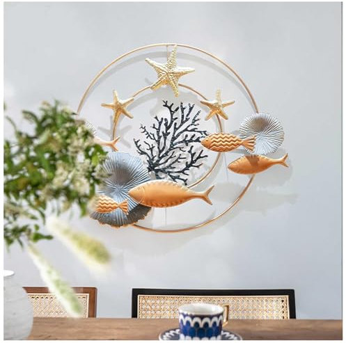 3D Wanddeko Metall, Fischschwarm Moderne Wandskulpturen Metall Mit Fisch Seestern, Metall Fisch Wandkunst Dekor, Fisch Familie Wanddekoration Für Wohnzimmer Schlafzimmer Gang D