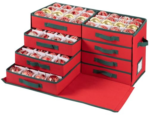 OIAHOMY Große Aufbewahrungsbox für Weihnachtsschmuck mit seitlicher Öffnung, für bis zu 128 Ornamente, 8 herausnehmbare Schubladen, Rot