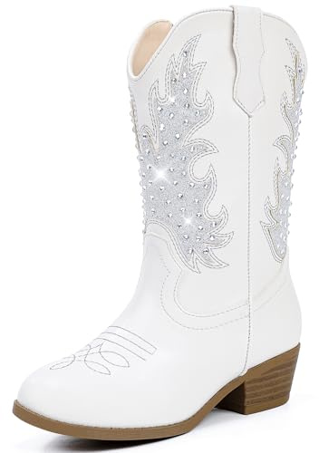 Motasha Girls' Dress Boots - White Cowgirl Rhinestone Kids' Cowboy Sparkly Western Party Dance Christmas Boots (M7113 White)