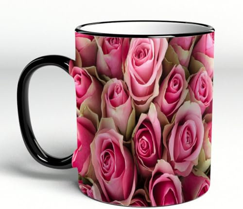 YOIUE Tasse aus Keramik - Große 11oz Tassen 330ml Kaffeetassen mit Henkel, 100% Handbemalt - Trinkgläser mit Griff - Weiß,Rose, blühende frische rosa Rosen Festlicher Brautstrauß Romantik Liebste Val