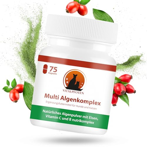 Vitalpfoten Multi Algenkomplex 75 Kapseln Hunde & Katzen +Vitamin B +Eisen | Vitamin B + C Nutrikomplex und Eisen Kapseln mit Chlorella, Spirulina, Grünlippmuschel für Energie, Fell, Haut, Nerven & Blut