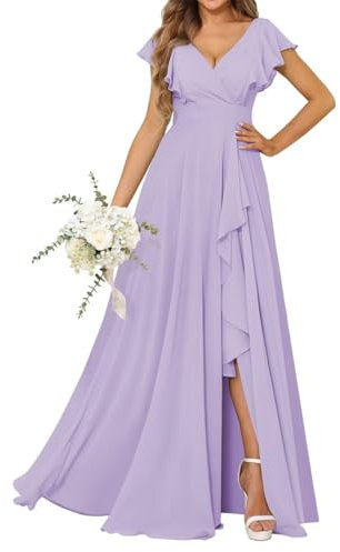 Vestido de dama de honor de princesa con cuello en V, mangas con vuelo, vestido de gasa formal, vestido de fiesta de noche con abertura, ZM110, Lila, 52 Grande