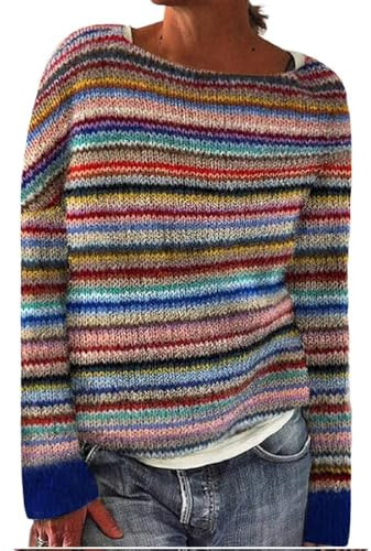JIABAOZ Norweger Pullover Damen Kaschmir, Eleganter Bunter Strickpullover, Weicher Wollpullover mit Rundhals und Langarm, Warmes Herbst-Winter Outfit in Großen Größen (M,Rainbow Stripes)