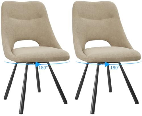 FRUOGO 2er Set Esszimmerstühle, 360° drehbarer Küchenstuhl, Frisiertischstühle aus Baumwoll-Kaschmirimitat, moderner gepolsterter Wohnzimmerstuhl mit Metallfüßen, Khaki