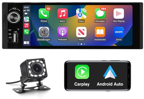 Hexinex 1 Din Carplay Android Auto Radio mit 6.36 Zoll IPS Touschcreen mit USB Anschluss mit Lenkradsteuerung Rückfahrkamera externes Mikrofon RDS