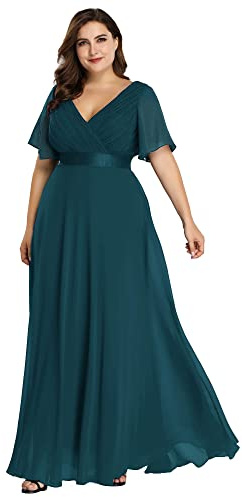 Ever-Pretty Women Plus Size Empire Waist V Back Bridesmaid Dress with Short Sleeves Teal 18UK