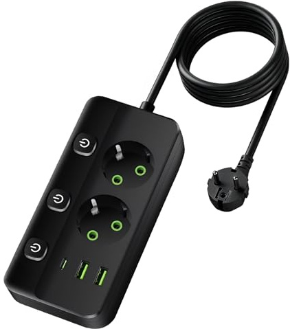 Mehrfachsteckdose mit 2 USB und Type-c, Steckdosenleiste mit 3 Schalter, Überspannungsschutz, Mehrfachstecker mit 2m Verlängerungskabel für Zuhause,Büro, Laptop, Handy,Tablet