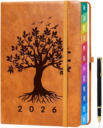 Kalender 2026 A5 – Deutsch, Wochenplaner & Terminplaner mit Monatsübersicht, Januar bis Dezember 2026, mit bunten Monatsregistern, farbenfrohen Innenseiten, Innentasche & Stift - Hellbraun