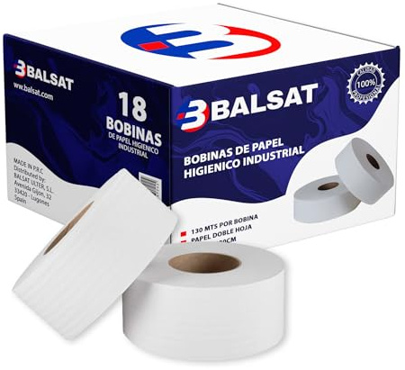 BALSAT | 18 Bobinas De Higiénico | Industrial Resistente Doble Hoja | Rollo Industrial130m | Baño | Ideal en Dispensador.