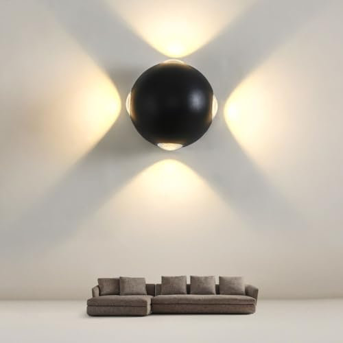 LOGT LED Kugel Wandleuchte IP65 wasserdichte Außen Wandlampen aus Schwarzem Runde Aluminium Außenlampe 4Flammig Warm 12W Modern Nachttischlampe Vintage Industriell Bettlampe für Schlafzimmer Balkon