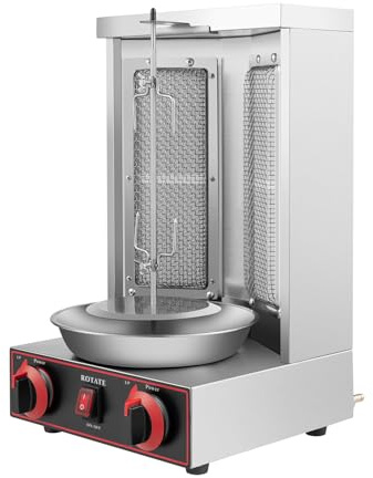 Barbacoa profesional de 3000 W con asador, funciona con GLP (220 V) para asar pollos, pavos, tacos y kebabs | Barbacoa de mesa de acero inoxidable plateada – compacta con asador