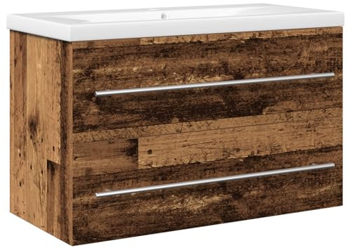 vidaXL Mueble de Lavabo 2 pcs Madera Vieja Madera contrachapada, Almacenamiento de baño, Armario de tocador rústico, Muebles compactos, montado en la Pared, Madera Buena, Unidad de Lavabo