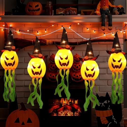 Halloween Manches à Air, 5 Pièces Halloween Suspendus Fantôme Décoration, Drapeau Fantôme d'halloween avec Lumières LED, Chapeaux De Sorcière avec LED Décoration, pour fête à thème d'horreur