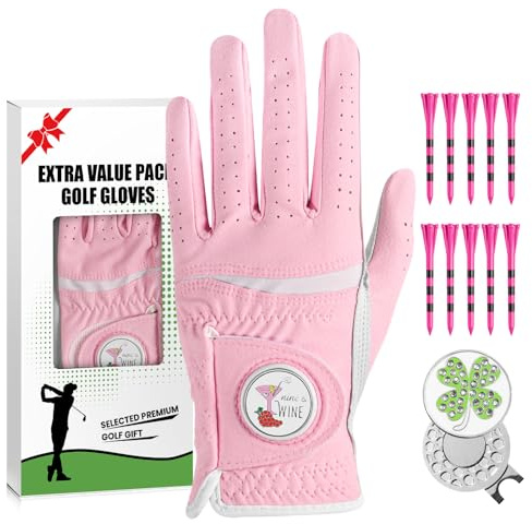 Womens Golf Glove 1 Pack with 2 Ball Marker & 1 Hat Clip & 10 Plastic Tees, Microfiber & Leather All Weather Grip Glove for Left or Right Hand, Soft Comfortable Ladies Gloves (Pink, Medium, Left)