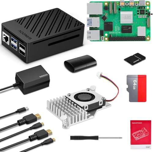 SANOOV Raspberry Pi 5 16GB Kit 64GB Edition con Active Cooler, Pi 5 16GB Board, 64GB Lettore di schede Kit Pi 5 ABS Case Dual 4K HD Out, 27W 5.1V5A USB-C Adattatore e scheda di garanzia