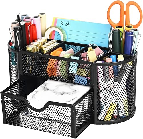 Schreibtisch Organizer, Stiftehalter Schreibtisch mit Schublade und Stifthalter, Mesh Metall Bürobedarf mit für Stifte, Hefter, Ordnerklammern, Haftnotizen, Platzsparendes Desk Organizer, Schwarz