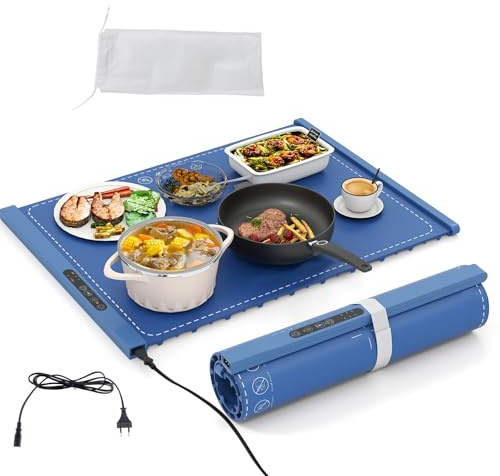 SOARS Elektrischer Tellerwärmer, faltbar, tragbar, aus Silikon, Temperatur auf 6 Stufen, schnelles Aufheizen, Timer, für Partys, Buffets, Familientreffen (60 x 38 cm, blau)