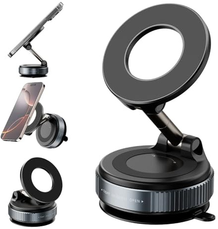 TECNO Vacuum Magnetic Phone Holder for Car, Suction Lock Phone Mount with 360° Rotatable, Foldable & Adjustable, for iPhone 17 Pro MAX 16 15 14 13 12 & Android, Black
